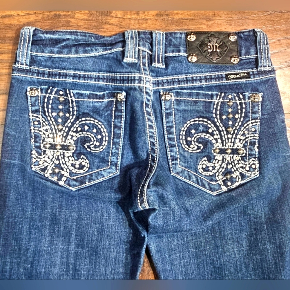 MISS ME WOMEN'S JEANS FLEUR DE LIS RHINESTONE BLING POCKETS BOOTCUT BLUE SIZE 28